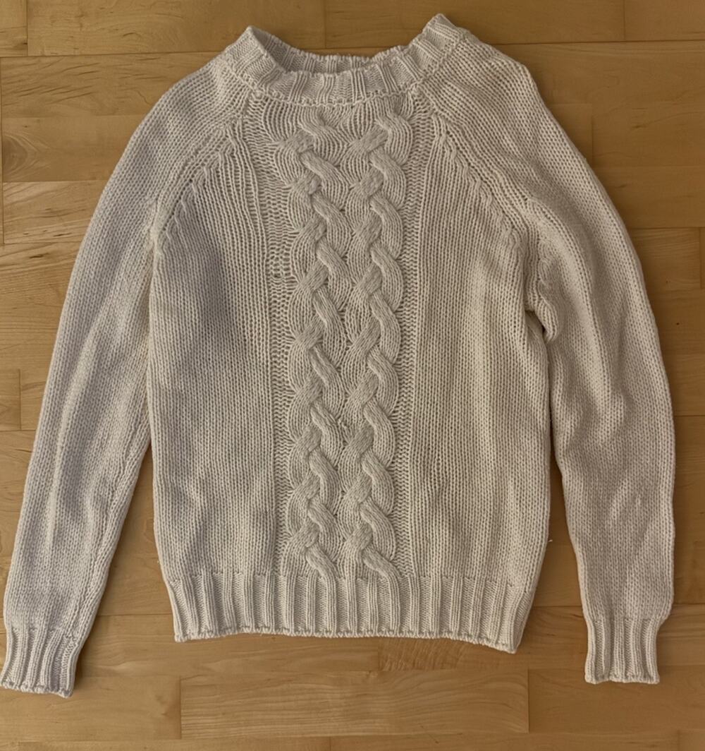 incentive! cashmere White Cableknit Crewneck Chunky Sweater XS